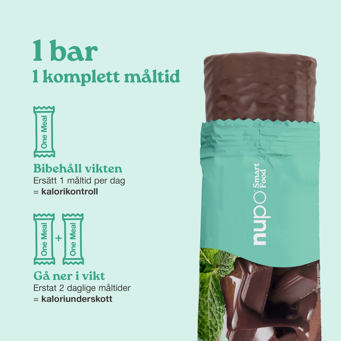 Nupo One Meal Bar Chocolate Mint måltidsersättning bar stående