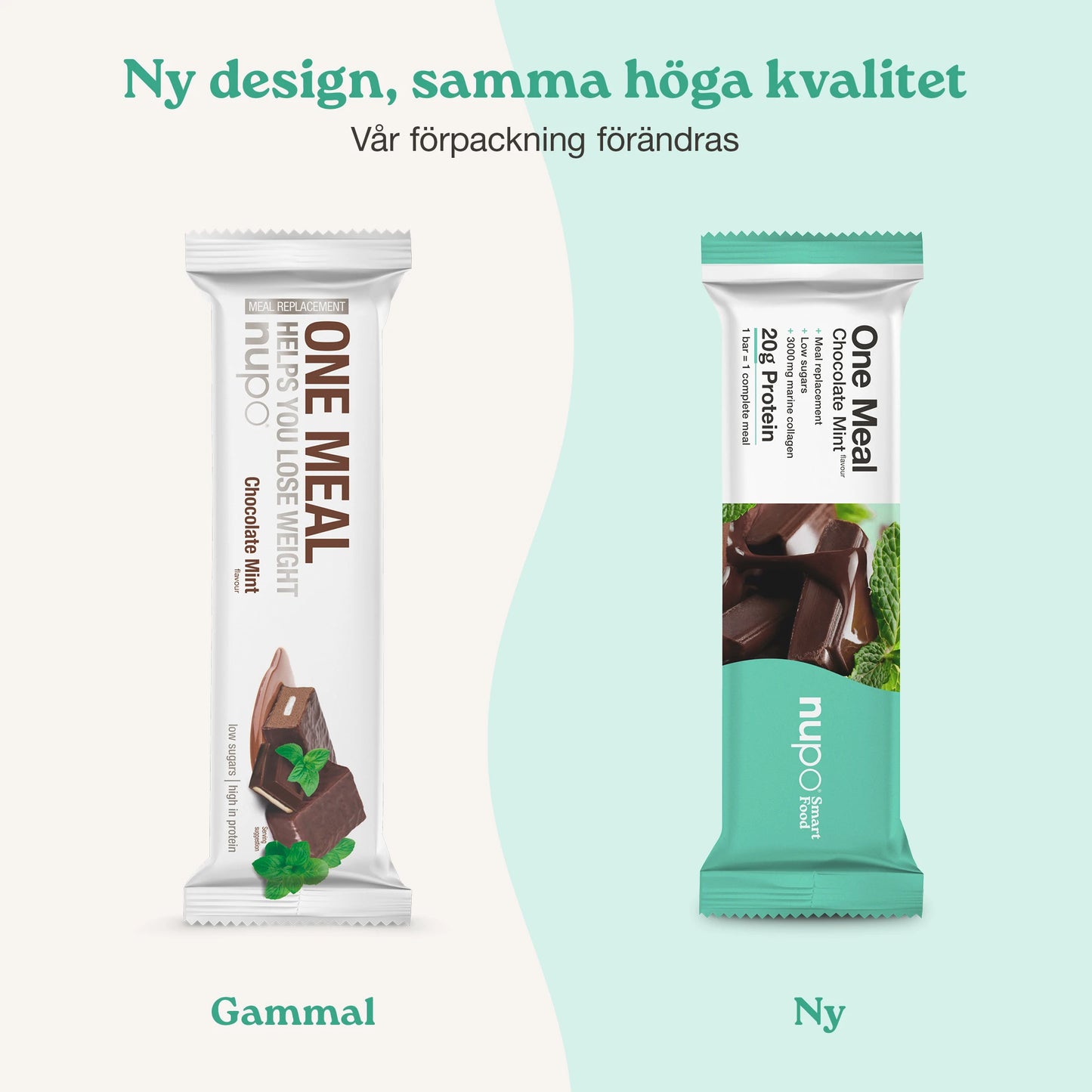 Nupo One Meal Bar Chocolate Mint nytt och gammalt design förpackning