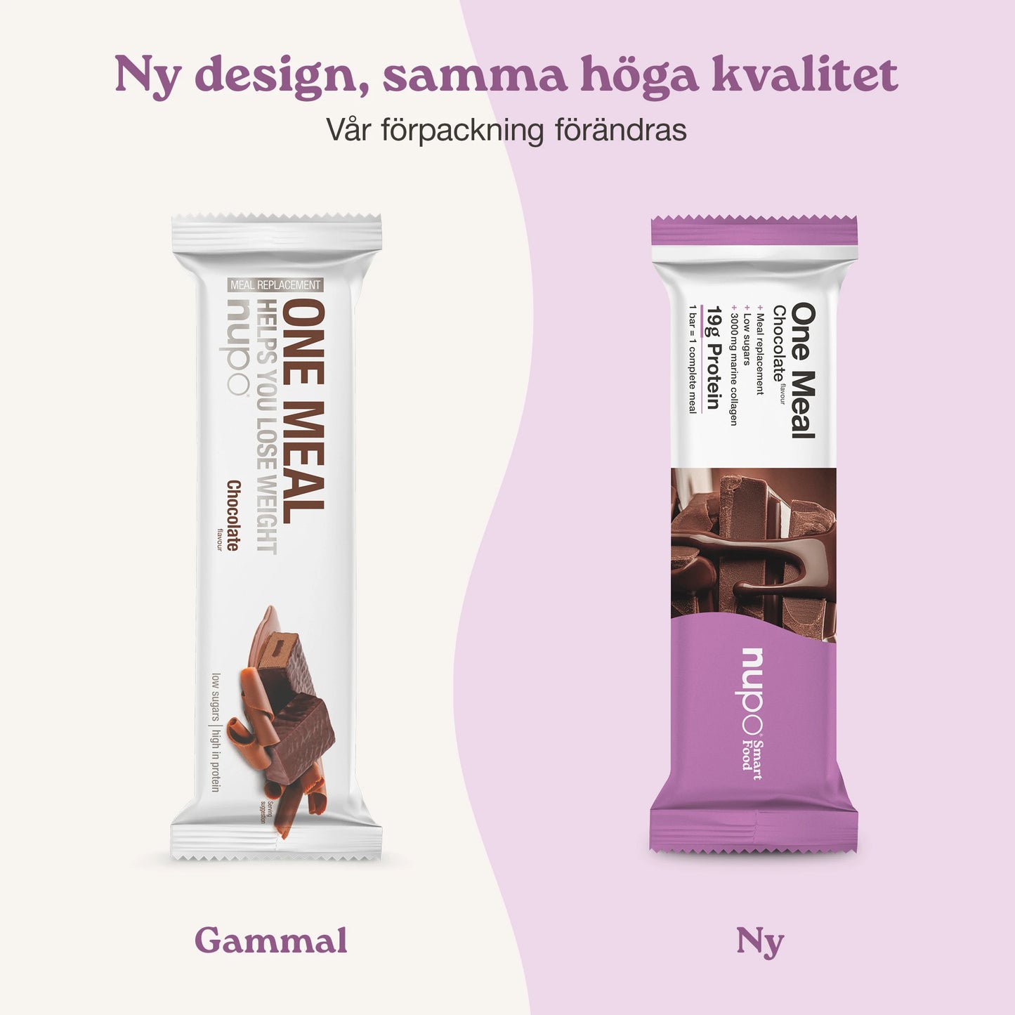 Nupo One Meal Bar Chocolate nytt och gammalt design förpackning