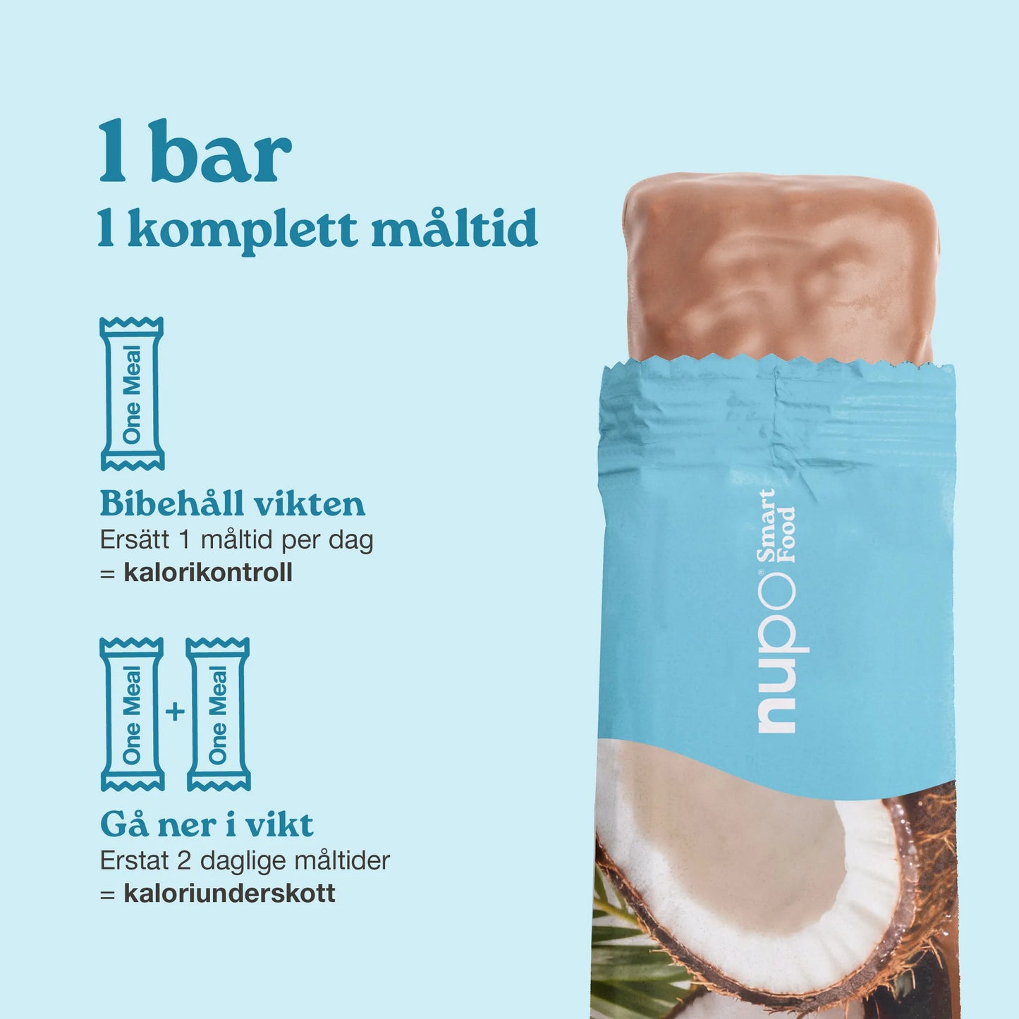 Coconut Crunch proteinbar med krämig kokos och mjölkchoklad, perfekt för kaloriundeskott och viktkontroll.