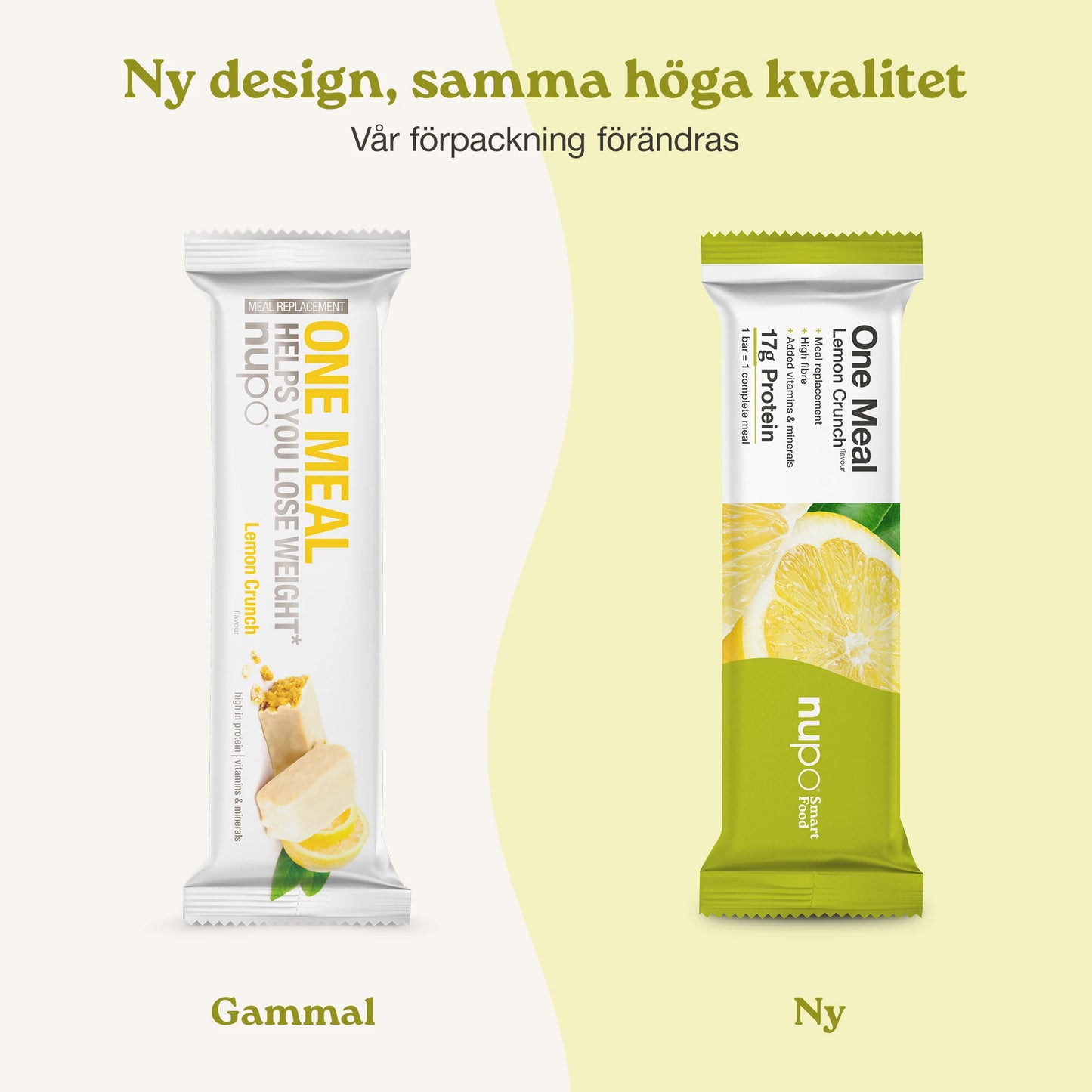 Nupo One Meal Bar Lemon Crunch nytt och gammalt design förpackning