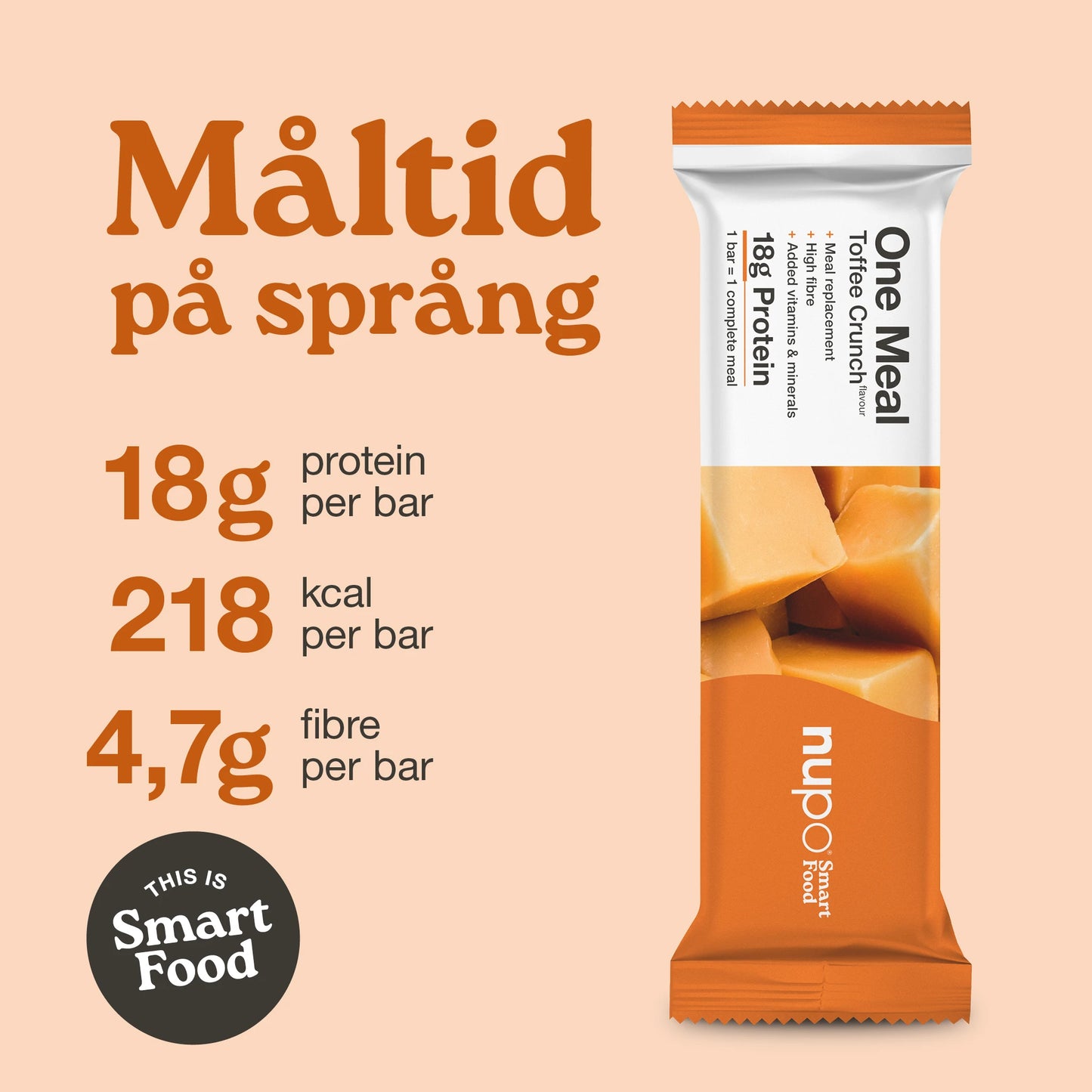 Nupo One Meal Bar Toffee Crunch näringsfakta – 20 g protein, lågt sockerinnehåll, vitaminer och mineraler