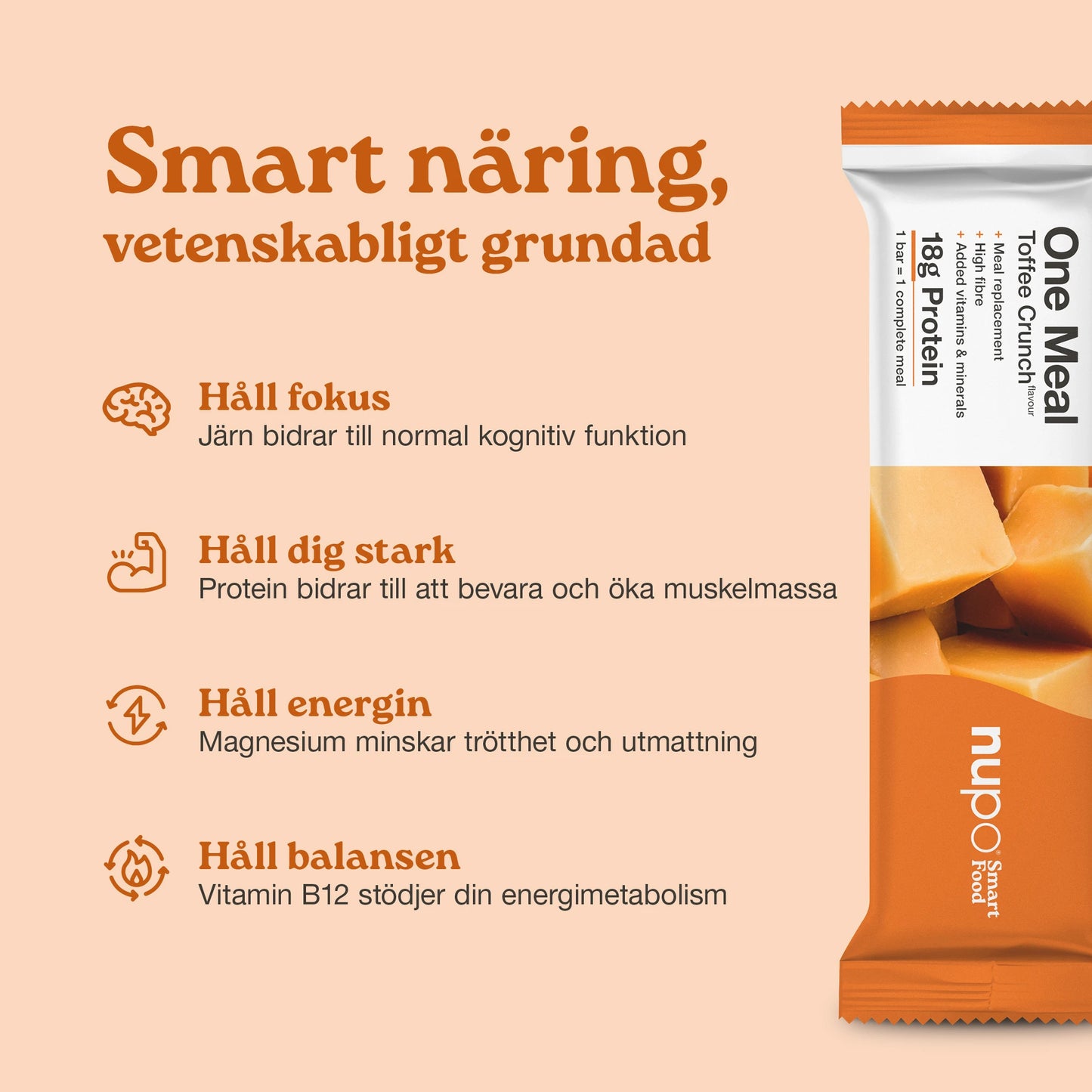 Nupo One Meal Bar Toffee Crunch smart nutrition – högt protein och fibrer för viktminskning och viktkontroll