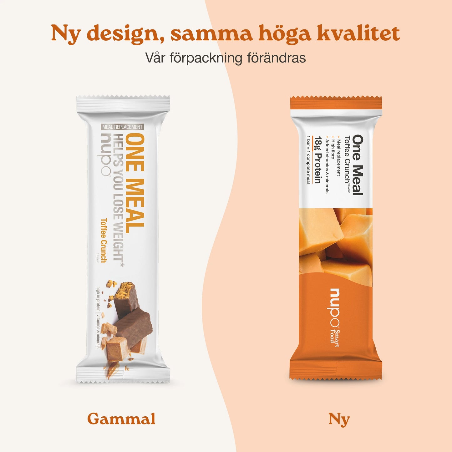 Nupo One Meal Bar Toffee Crunch nytt och gammalt design – samma goda smak i ny förpackning