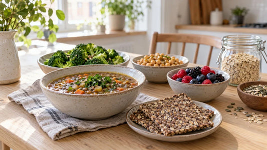 (AI-genererat bild) Fiberrika livsmedel: linssoppa, knäckebröd, bär, broccoli och havre