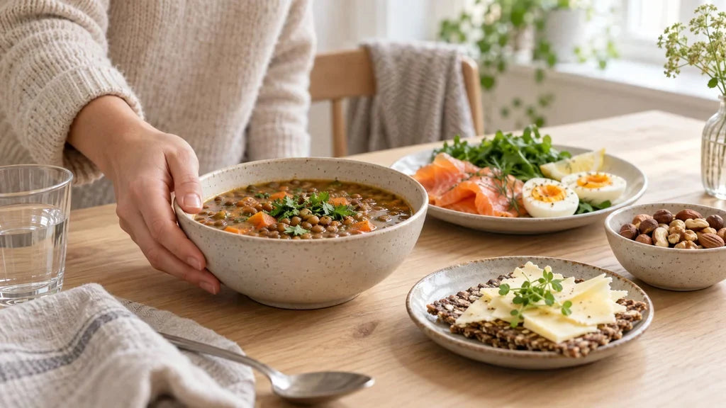 (AI-genererat bild) Bord med linssoppa, knäckebröd med ost, lax, ägg och nötter i dagsljus, en hand tar skålen