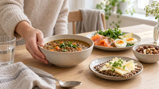 (AI-genererat bild) Bord med linssoppa, knäckebröd med ost, lax, ägg och nötter i dagsljus, en hand tar skålen
