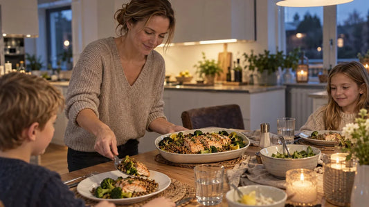 (AI-genererat bild) Ugnsbakad lax med linser och broccoli på ett middagsbord