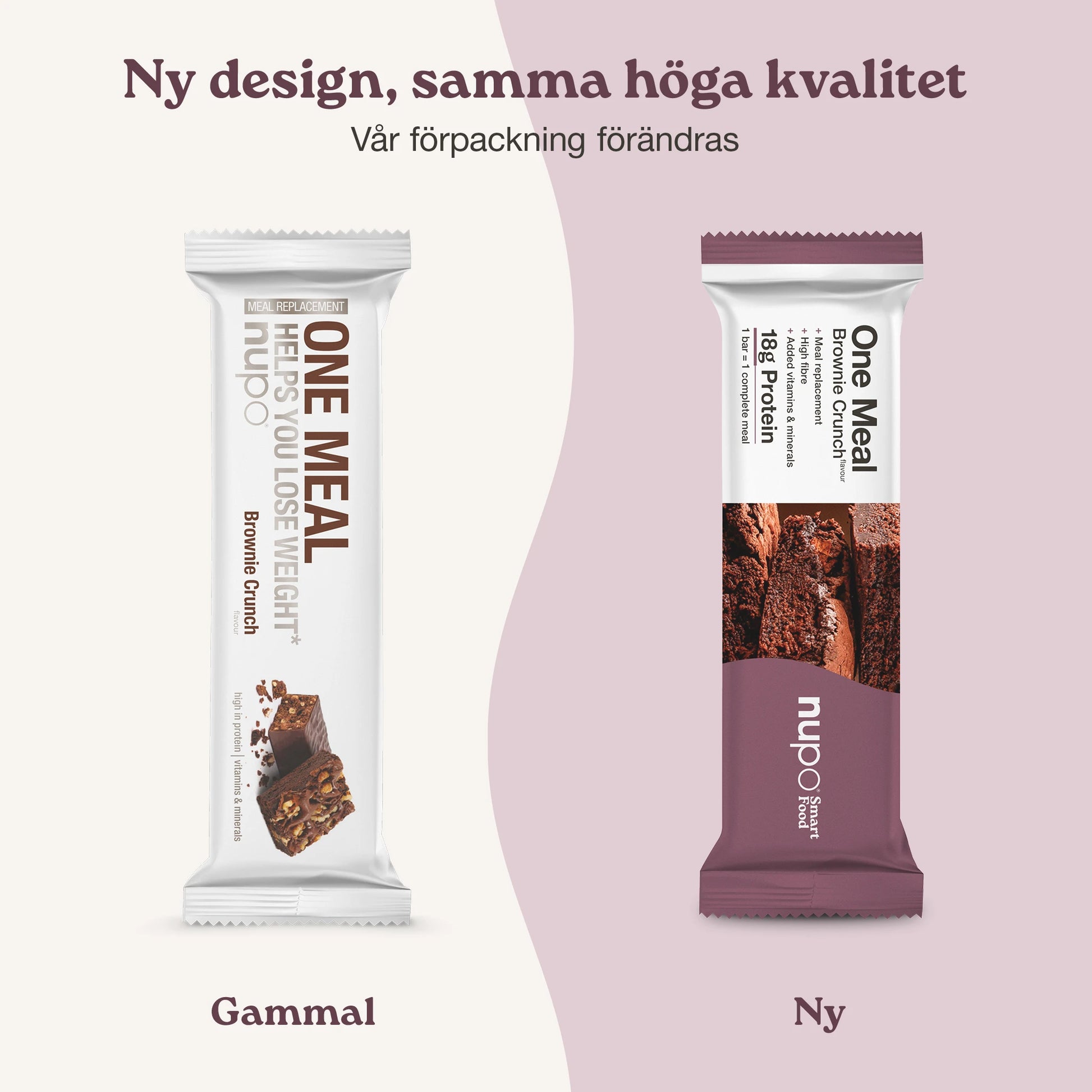 Nupo One Meal Bar Brownie Crunch nytt och gammalt design förpackning