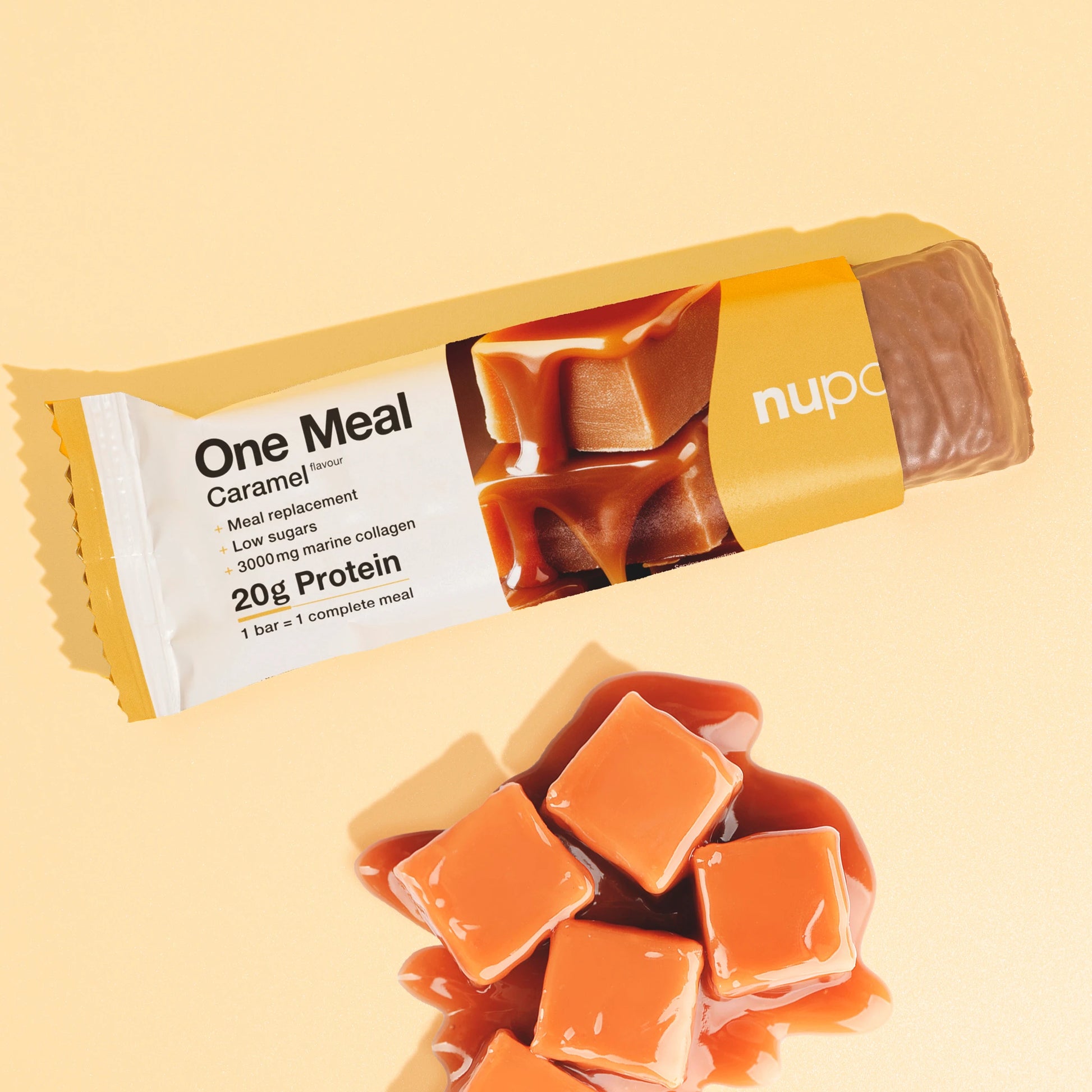 Nupo One Meal Bar Caramel bruten bar närbild
