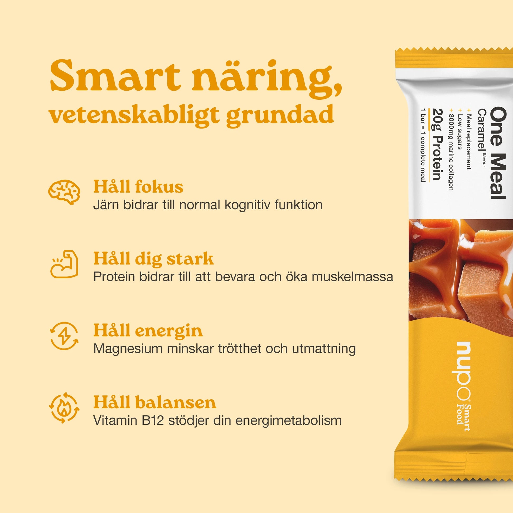 Nupo One Meal Bar Caramel fördelar högt protein fibrer