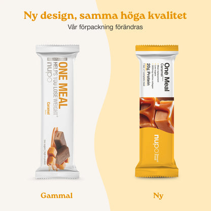 Nupo One Meal Bar Caramel nytt och gammalt design förpackning