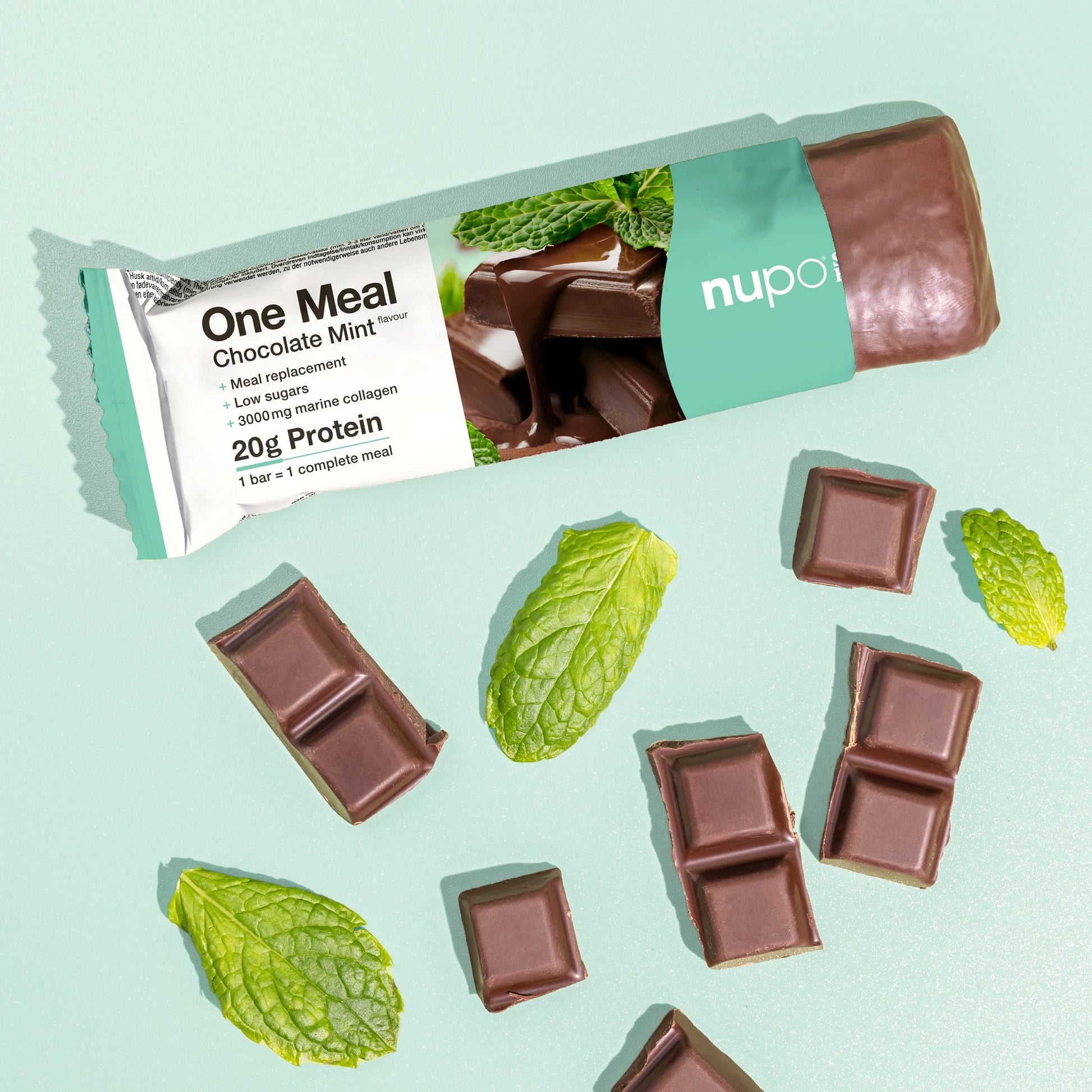 Nupo One Meal Bar Chocolate Mint bruten bar närbild