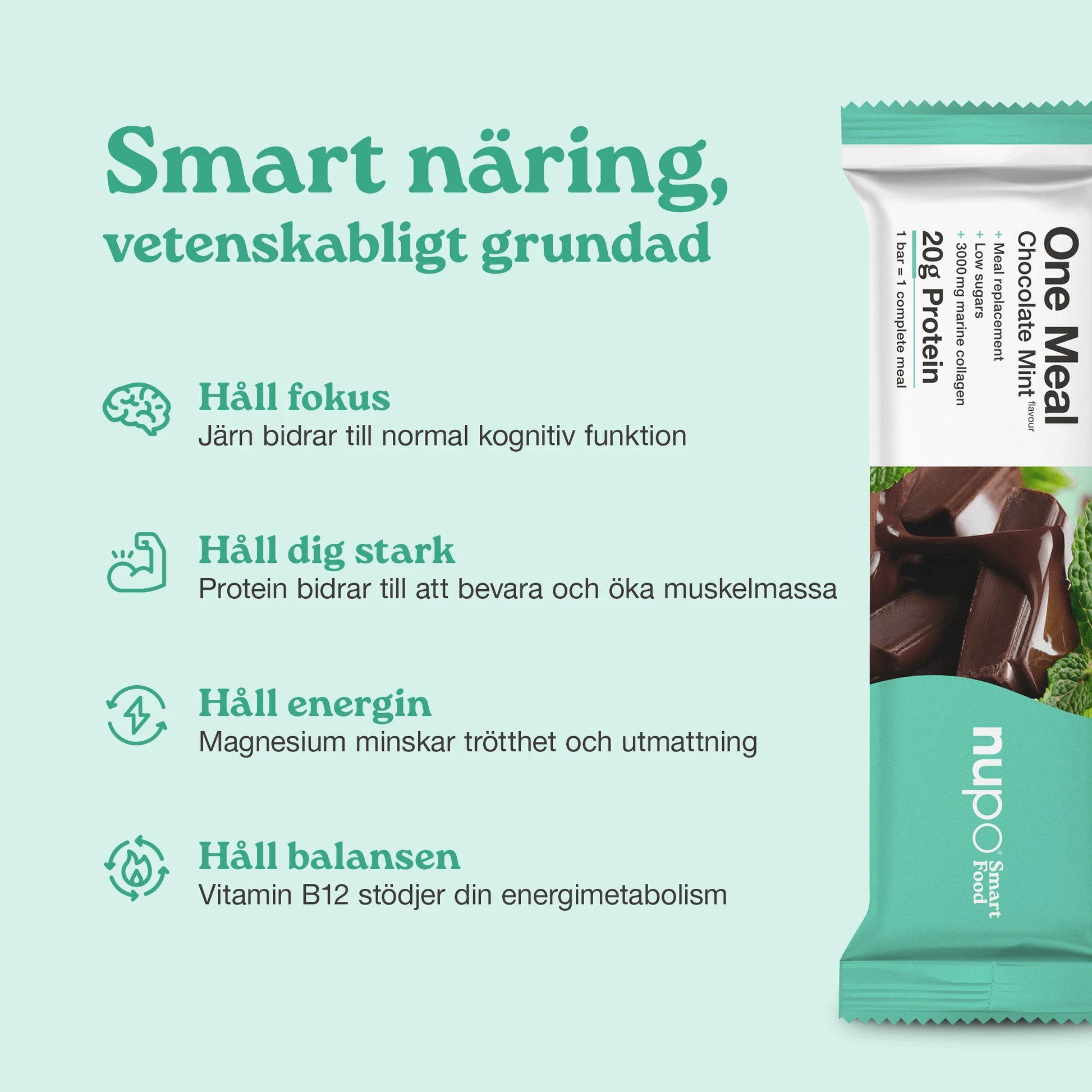 Nupo One Meal Bar Chocolate Mint fördelar högt protein fibrer