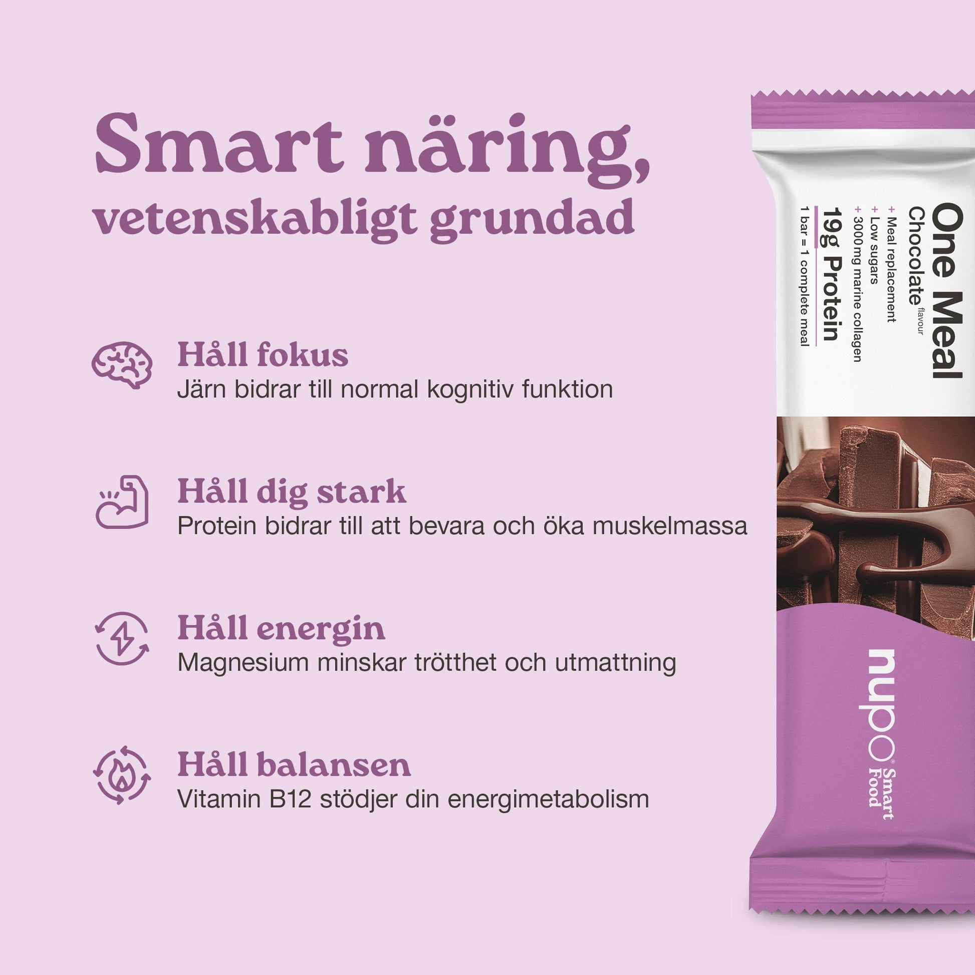 Nupo One Meal Bar Chocolate fördelar högt protein fibrer