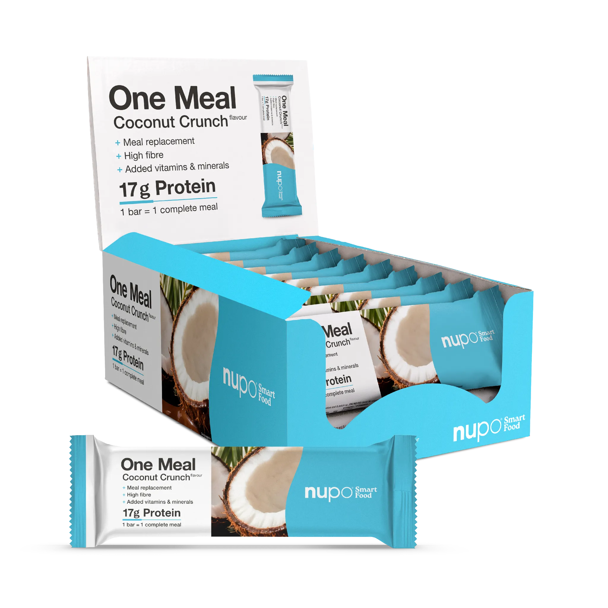 Coconut Crunch meal replacement bar box with protein, vitamins, and minerals, showcasing creamy coconut and crunchy texture.