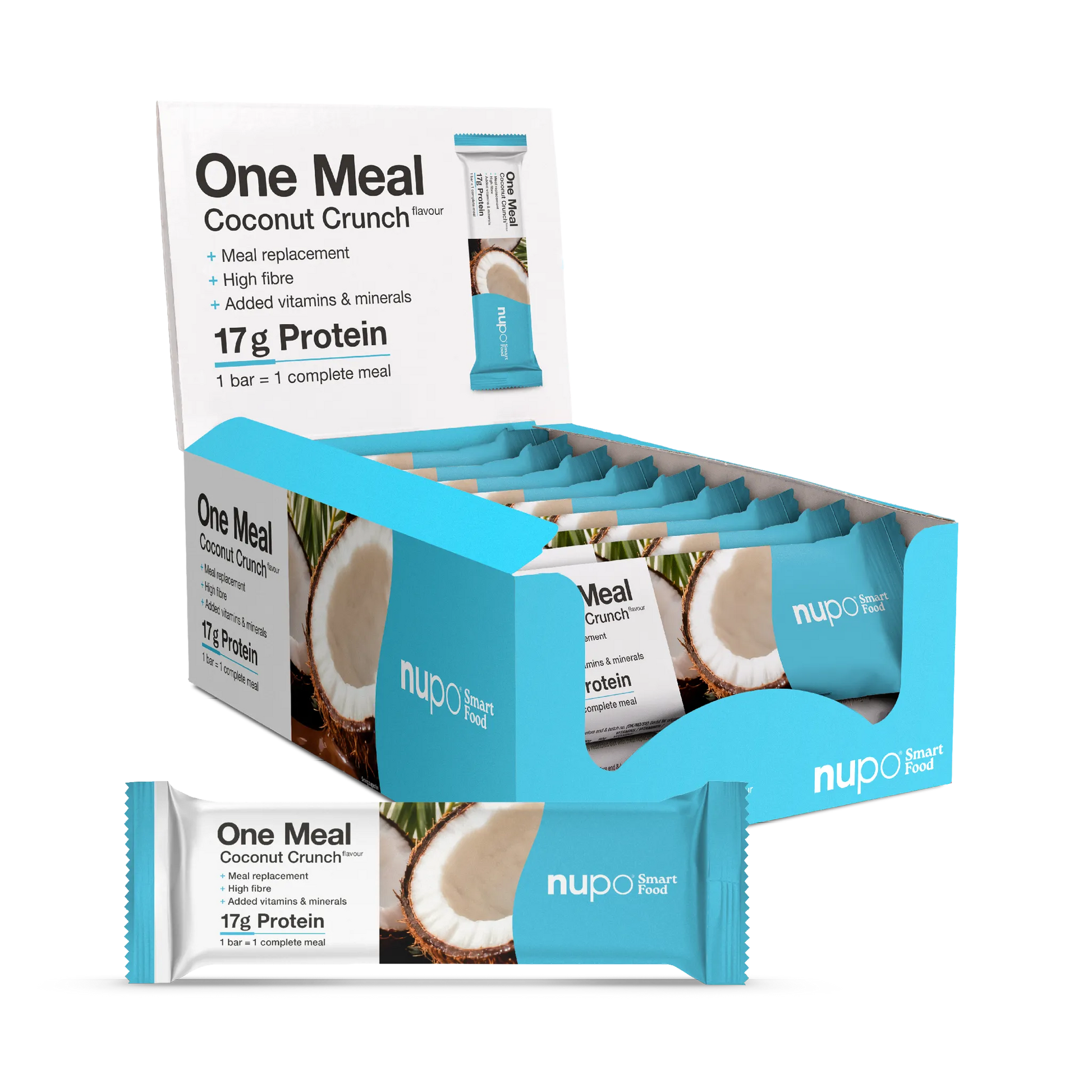 Coconut Crunch meal replacement bar box with protein, vitamins, and minerals, showcasing creamy coconut and crunchy texture.