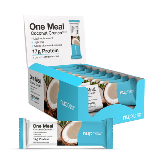 Coconut Crunch meal replacement bar box with protein, vitamins, and minerals, showcasing creamy coconut and crunchy texture.