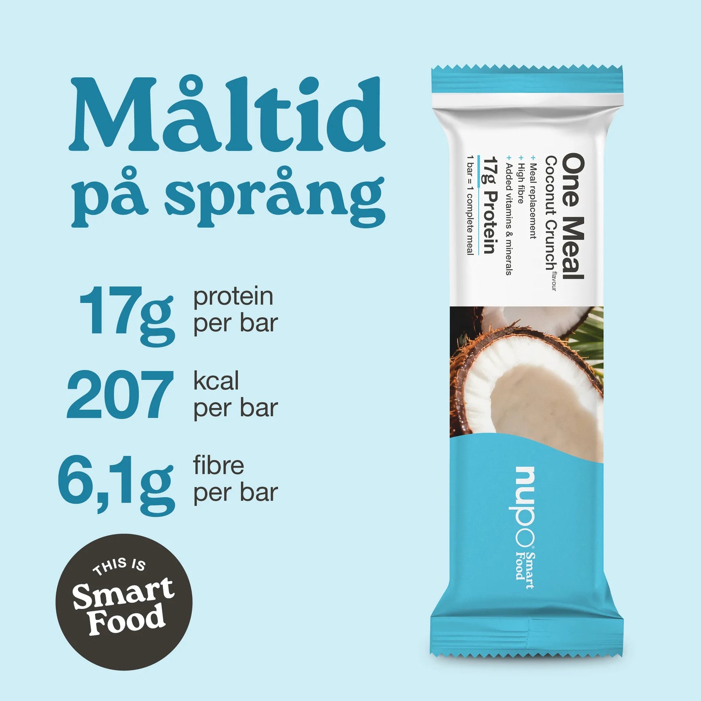 Coconut Crunch protein bar packaging showcasing nutritional information and tagline for smart food.