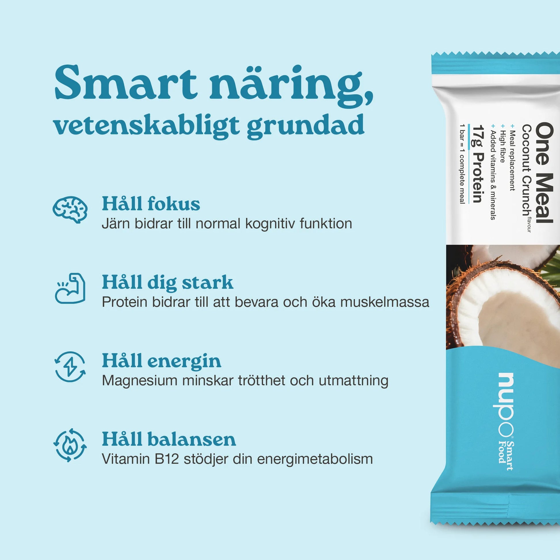 Coconut Crunch proteinbar med kokos och krispig crunch, vetenskapligt baserad näring för hälsa och energi.