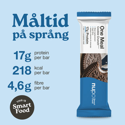 Nupo One Meal Bar Cookie Crunch näringsfakta – 17 g protein, 218 kcal, fibrer, vitaminer och mineraler