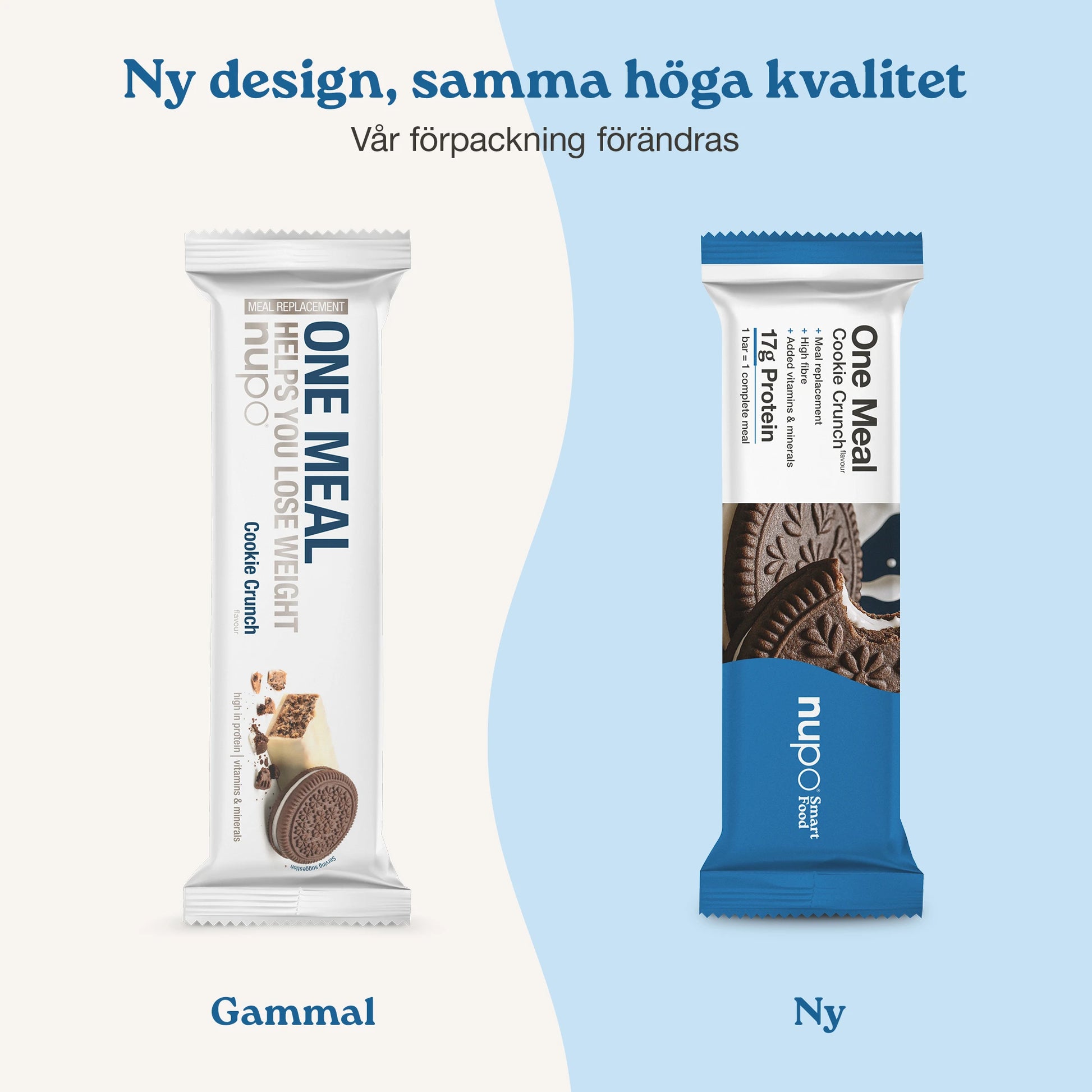 Nupo One Meal Bar Cookie Crunch nytt och gammalt design – samma goda smak i ny förpackning