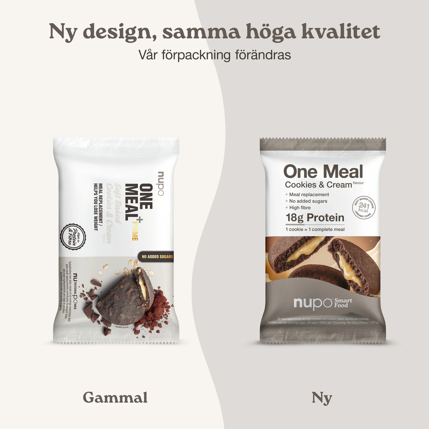 Nupo One Meal Bar Cookies & Cream nytt och gammalt design förpackning