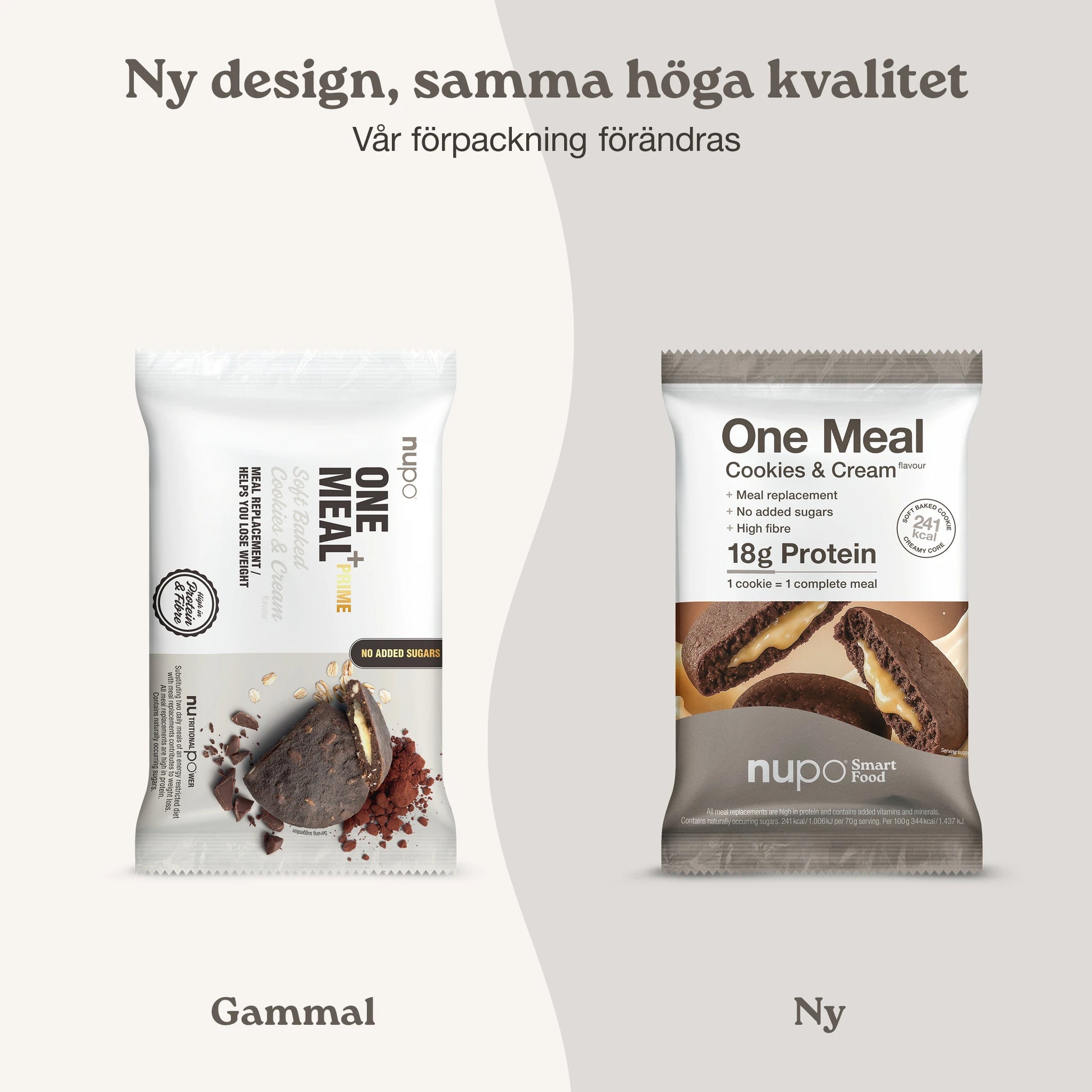 Nupo One Meal Bar Cookies & Cream nytt och gammalt design förpackning