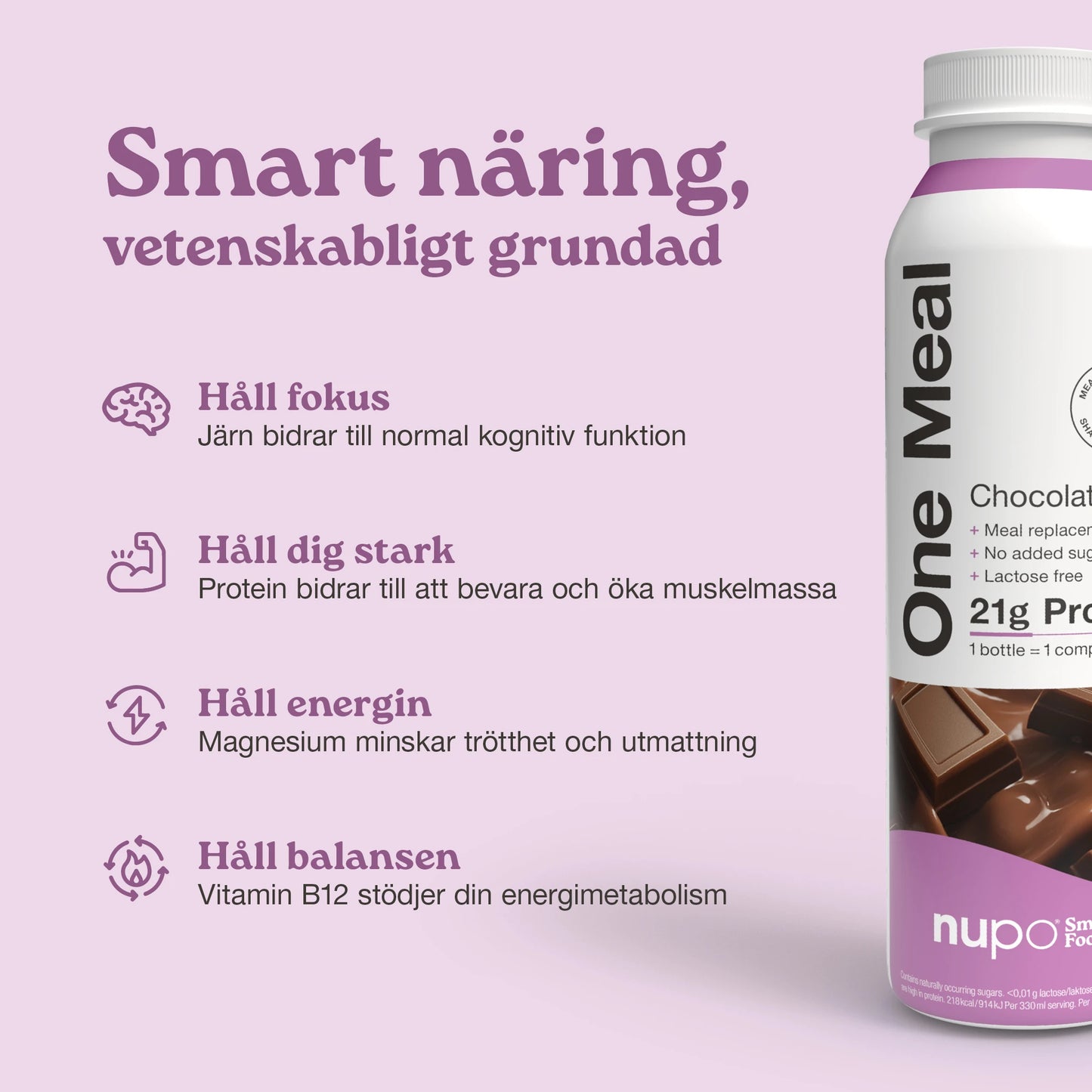 Nupo One Meal RTD Chocolate näringsinfo på förpackningen