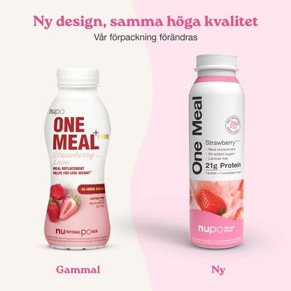 Nupo One Meal RTD Strawberry produkt och förpackning display